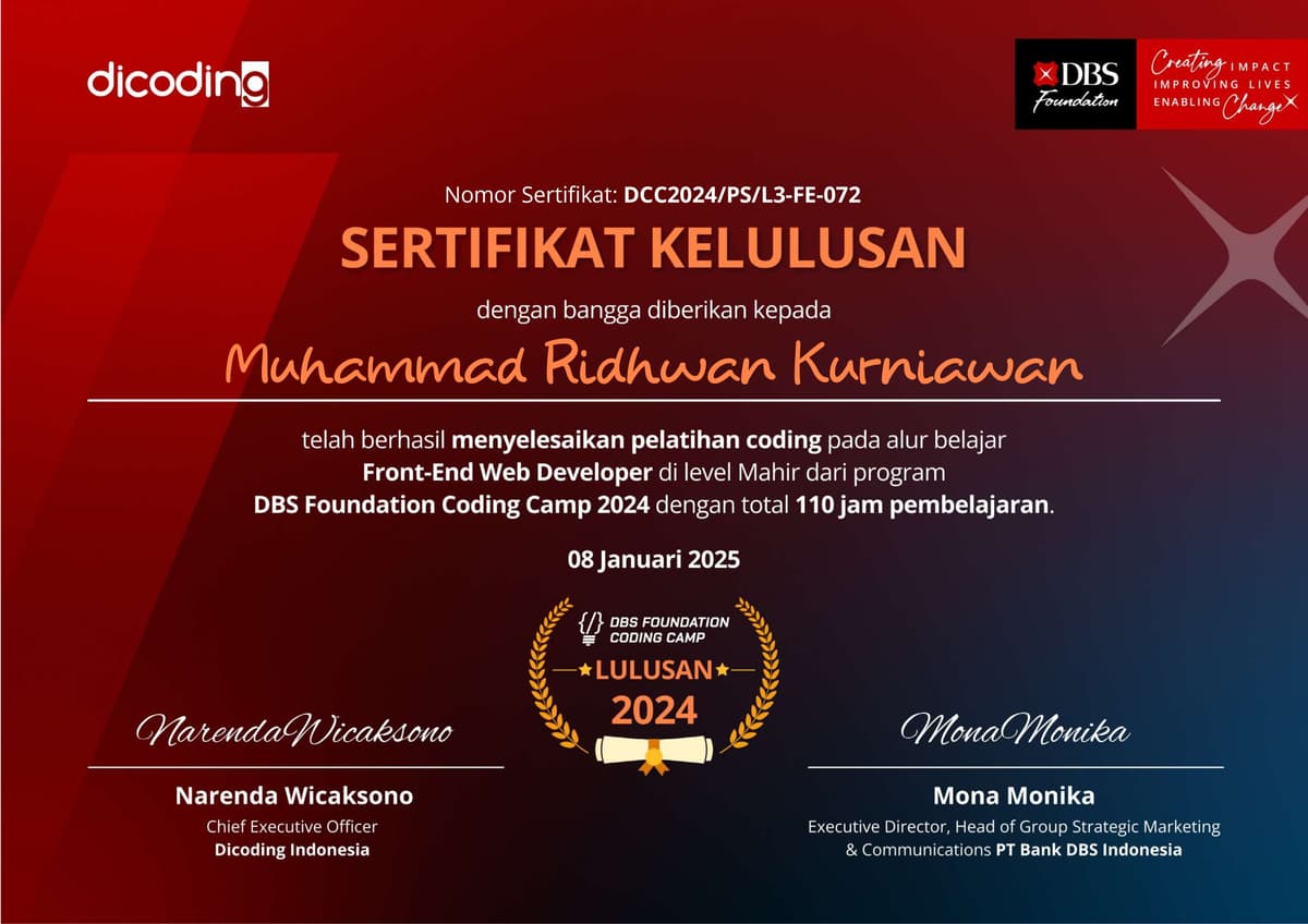 Kelulusan Kelas Front end expert saat DBS Coding Camp x Dicoding 2024